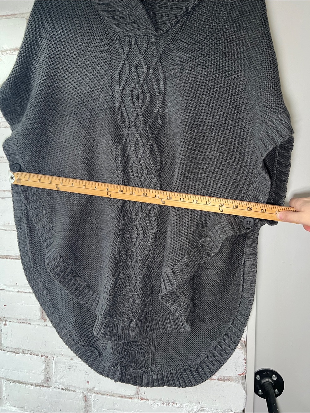 Dark grey Cable-Knit Shawl Collar Sweater Poncho with side buttons - Picture 3 of 11